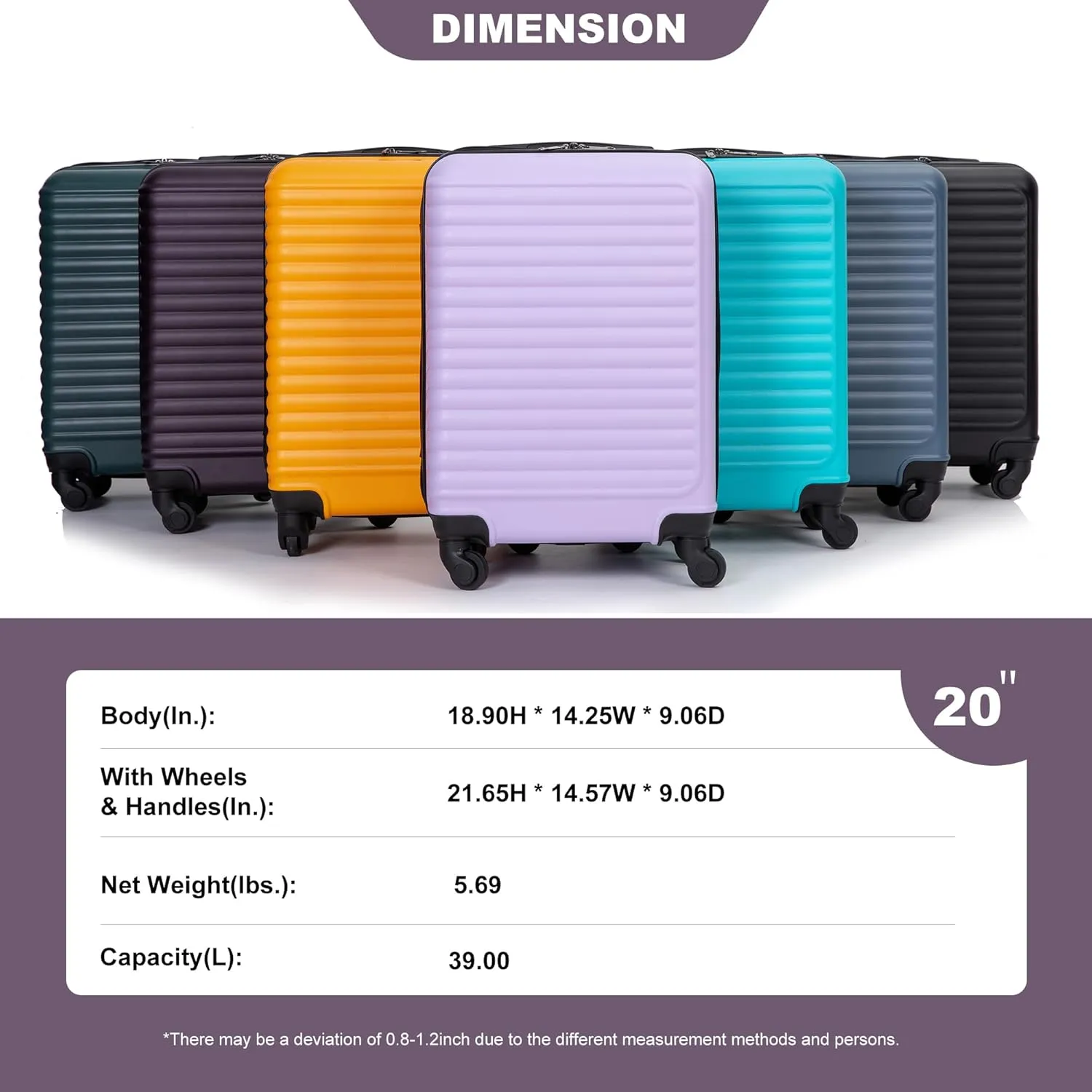 20 Inch Hardside Rugged Travel Suitcase Luggage with 4 Spinner Wheels, Adjustable Pull Rod Handle (Purple)