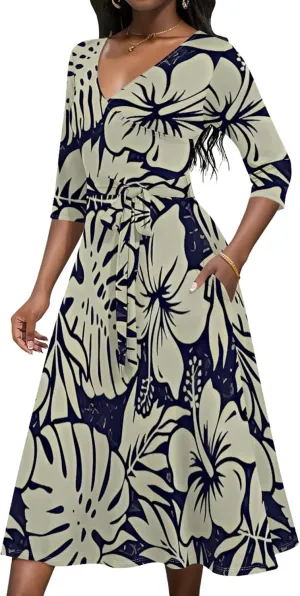 2024 Women's Multicolor Floral Print Fashion Semi Formal Wedding Guest Dress Sexy V-Neck 3/4 Sleeve Midi Flutter Wrap Dresses