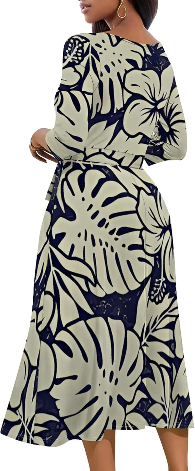 2024 Women's Multicolor Floral Print Fashion Semi Formal Wedding Guest Dress Sexy V-Neck 3/4 Sleeve Midi Flutter Wrap Dresses