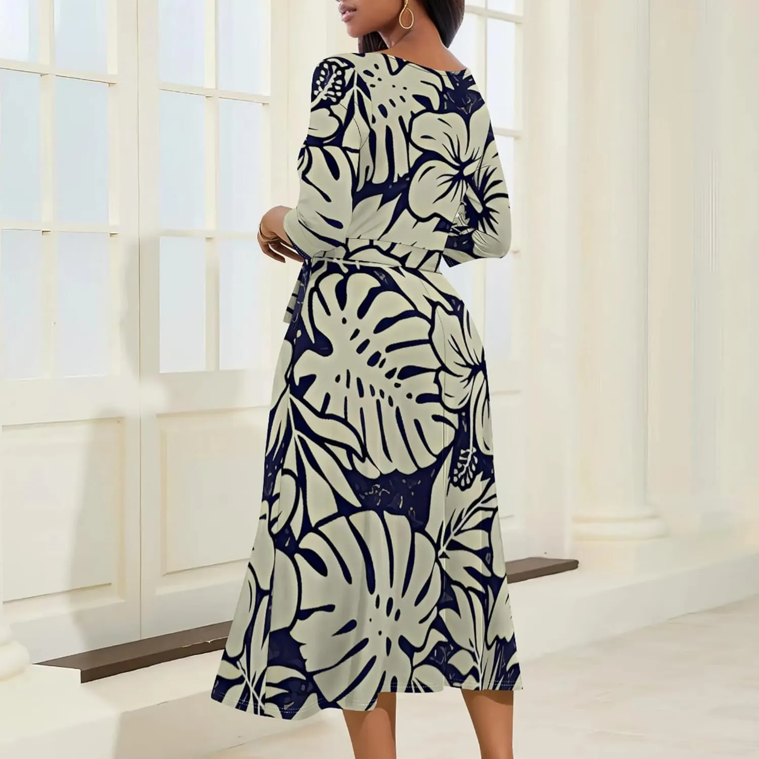 2024 Women's Multicolor Floral Print Fashion Semi Formal Wedding Guest Dress Sexy V-Neck 3/4 Sleeve Midi Flutter Wrap Dresses