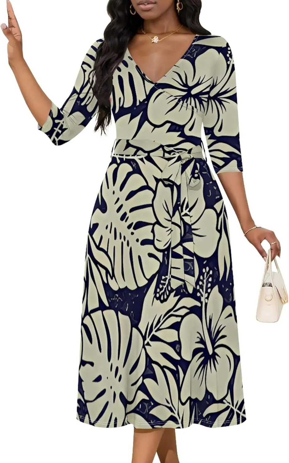 2024 Women's Multicolor Floral Print Fashion Semi Formal Wedding Guest Dress Sexy V-Neck 3/4 Sleeve Midi Flutter Wrap Dresses
