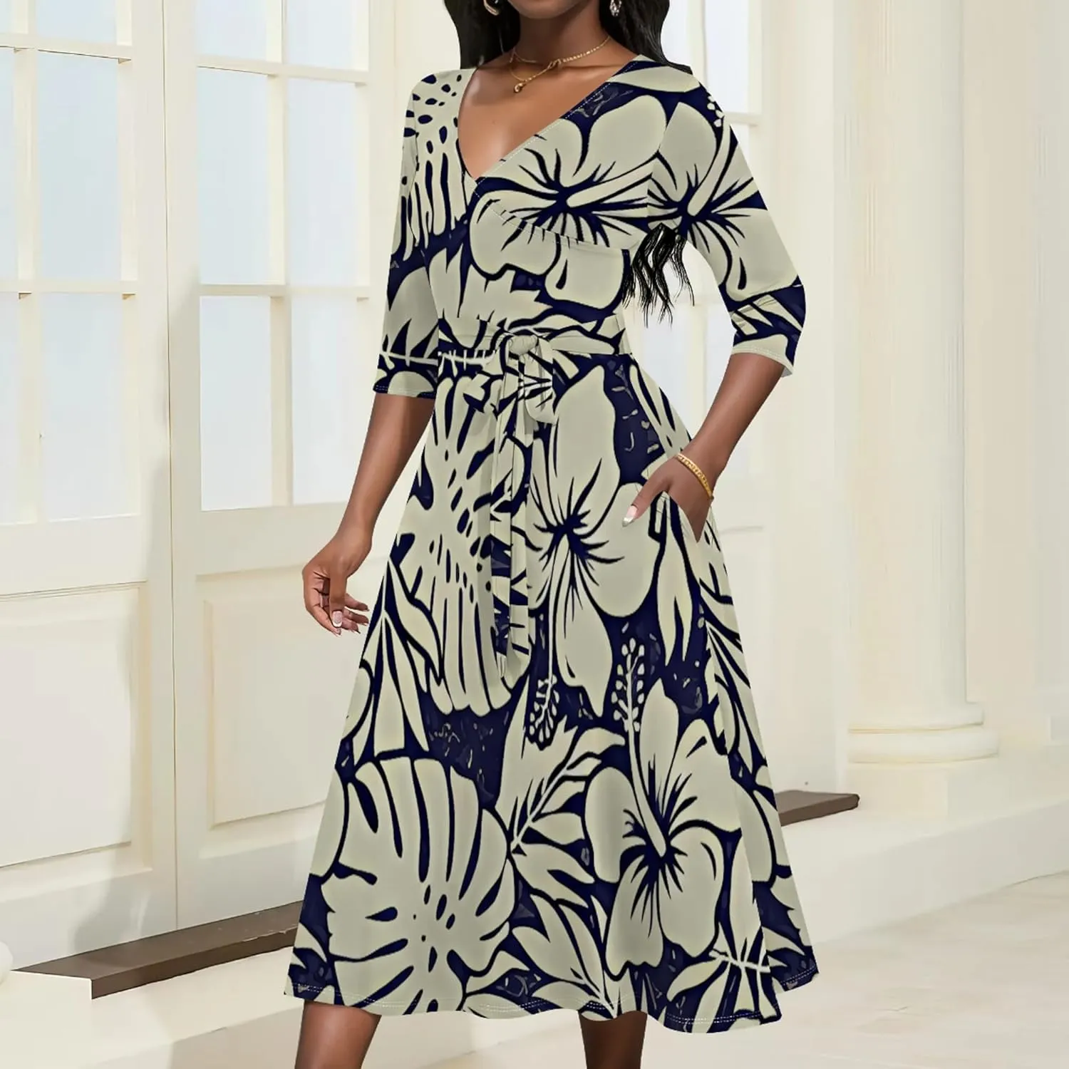 2024 Women's Multicolor Floral Print Fashion Semi Formal Wedding Guest Dress Sexy V-Neck 3/4 Sleeve Midi Flutter Wrap Dresses