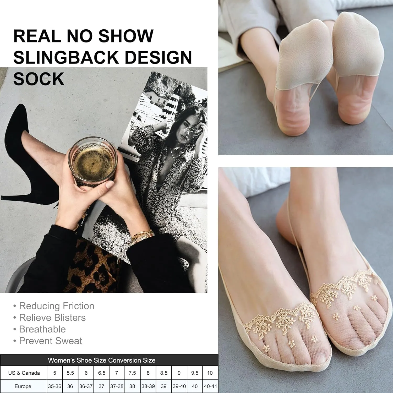 4 Pairs Breathable Lace No Show Socks, Toe Topper Half Socks, Low Cut Liner Slingback Sock.