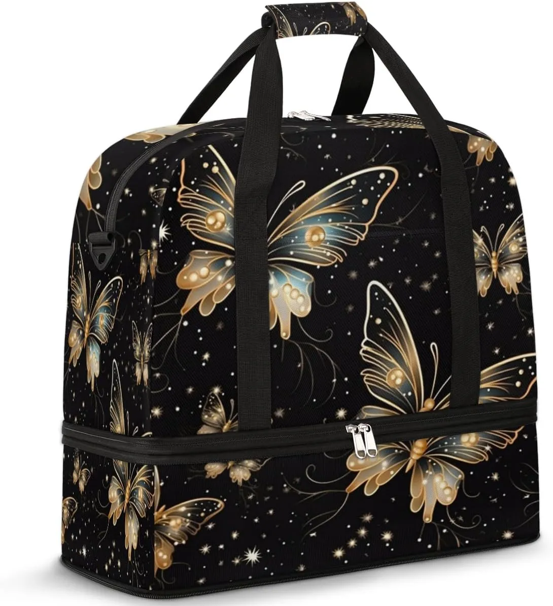 Abstract Butterfly Travel Duffel Bag for Women Men, Glowing Animal Sports Gym Bag with Shoes Compartment Foldable Overnight Bag Weekender Tote Workout Carry On Luggage Bag, Multicolor,