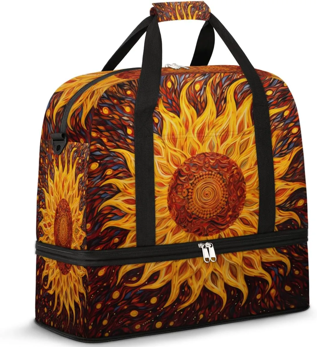Abstract Sunflower Travel Duffel Bag for Women Men, Art Floral Pattern Sports Gym Bag with Shoes Compartment Foldable Overnight Bag Weekender Tote Workout Carry On Luggage Bag
