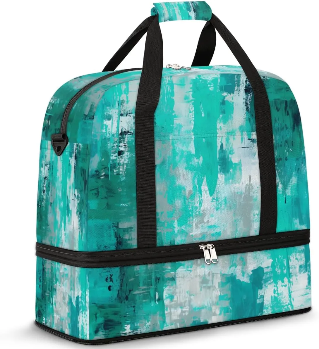 Abstract Teal Gray Painting Travel Duffel Bag for Women Men, Sports Gym Bag with Shoes Compartment Foldable Overnight Bag Weekender Tote Workout Carry On Luggage Bag