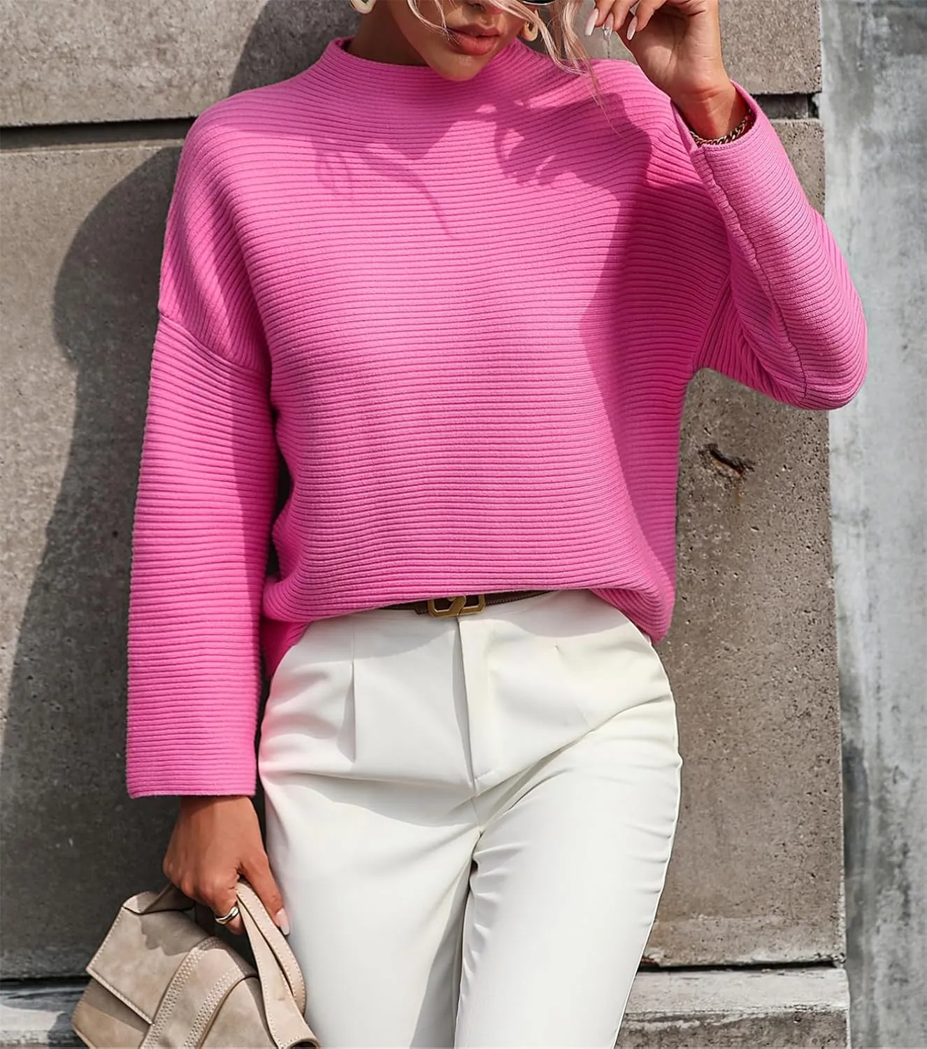 AELSON Women's Oversized Turtleneck Sweater 2023 Fall Winter Clothes Long Lantern Sleeve Ribbed Knit Pullover Sweater Top