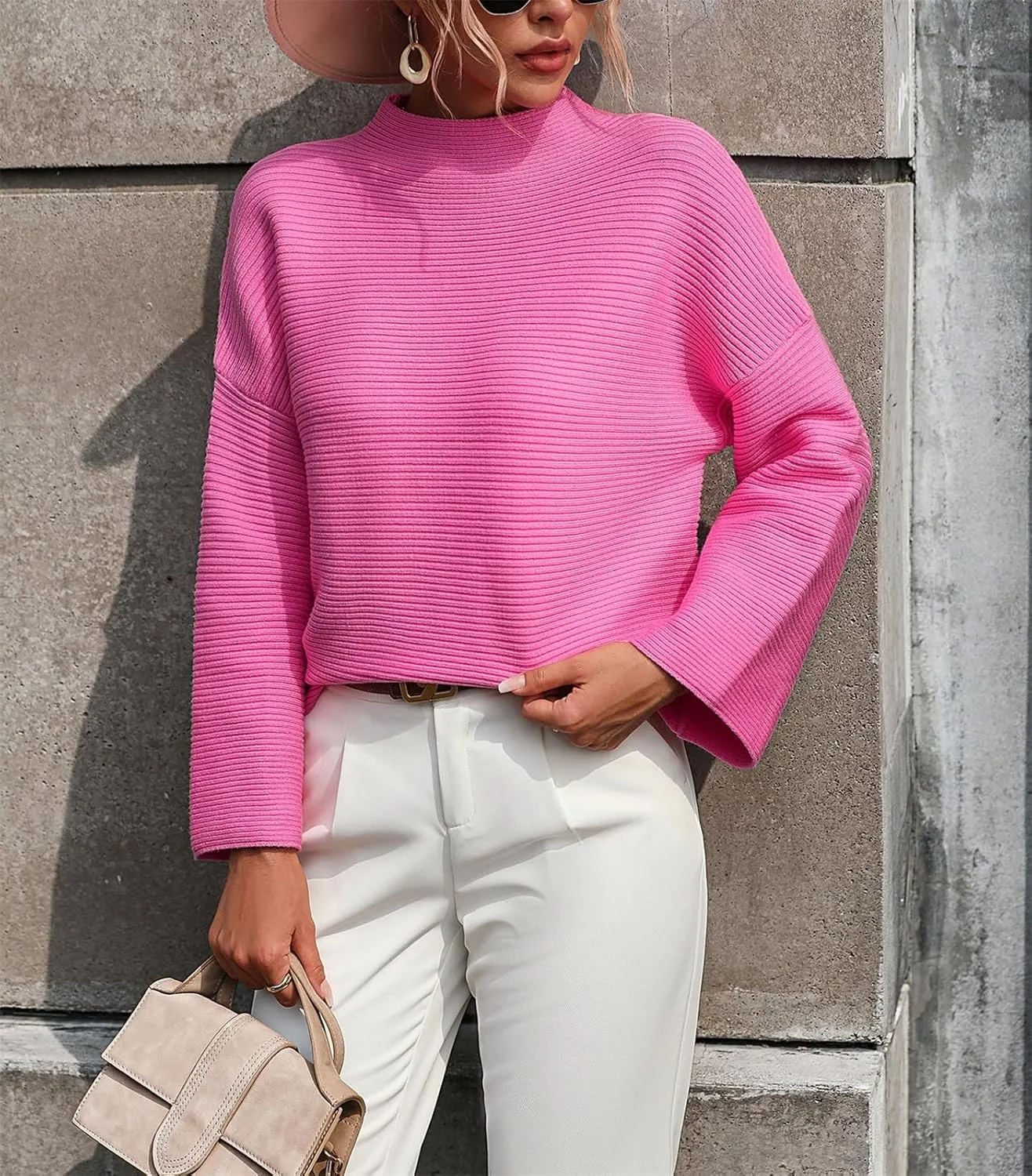 AELSON Women's Oversized Turtleneck Sweater 2023 Fall Winter Clothes Long Lantern Sleeve Ribbed Knit Pullover Sweater Top
