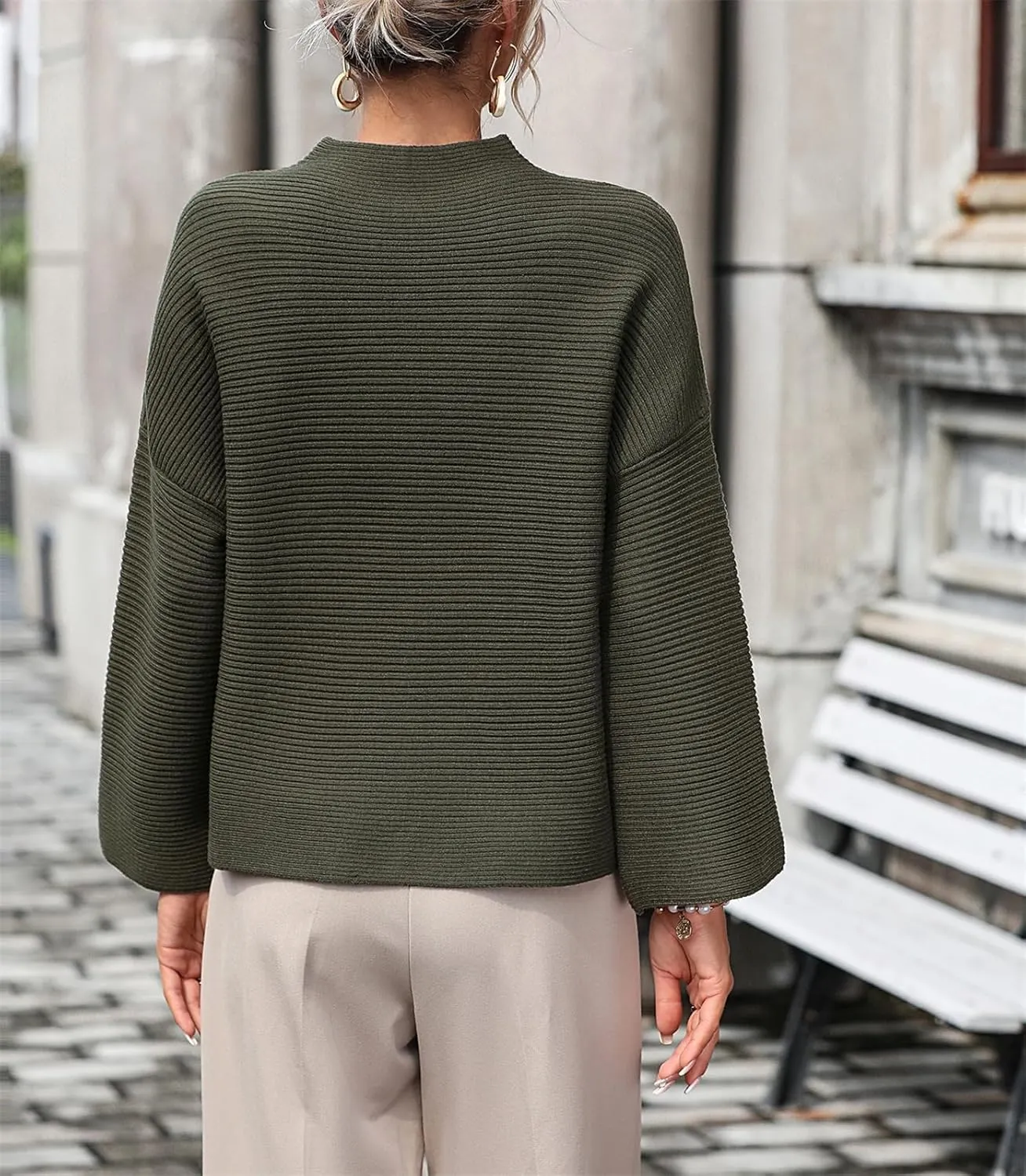 AELSON Women's Oversized Turtleneck Sweater 2023 Fall Winter Clothes Long Lantern Sleeve Ribbed Knit Pullover Sweater Top
