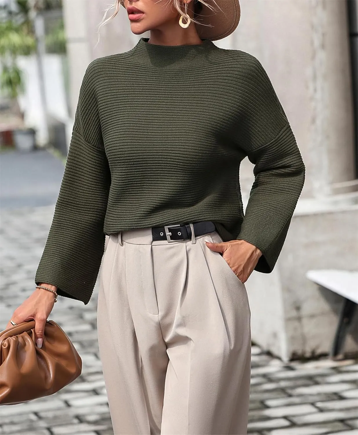 AELSON Women's Oversized Turtleneck Sweater 2023 Fall Winter Clothes Long Lantern Sleeve Ribbed Knit Pullover Sweater Top