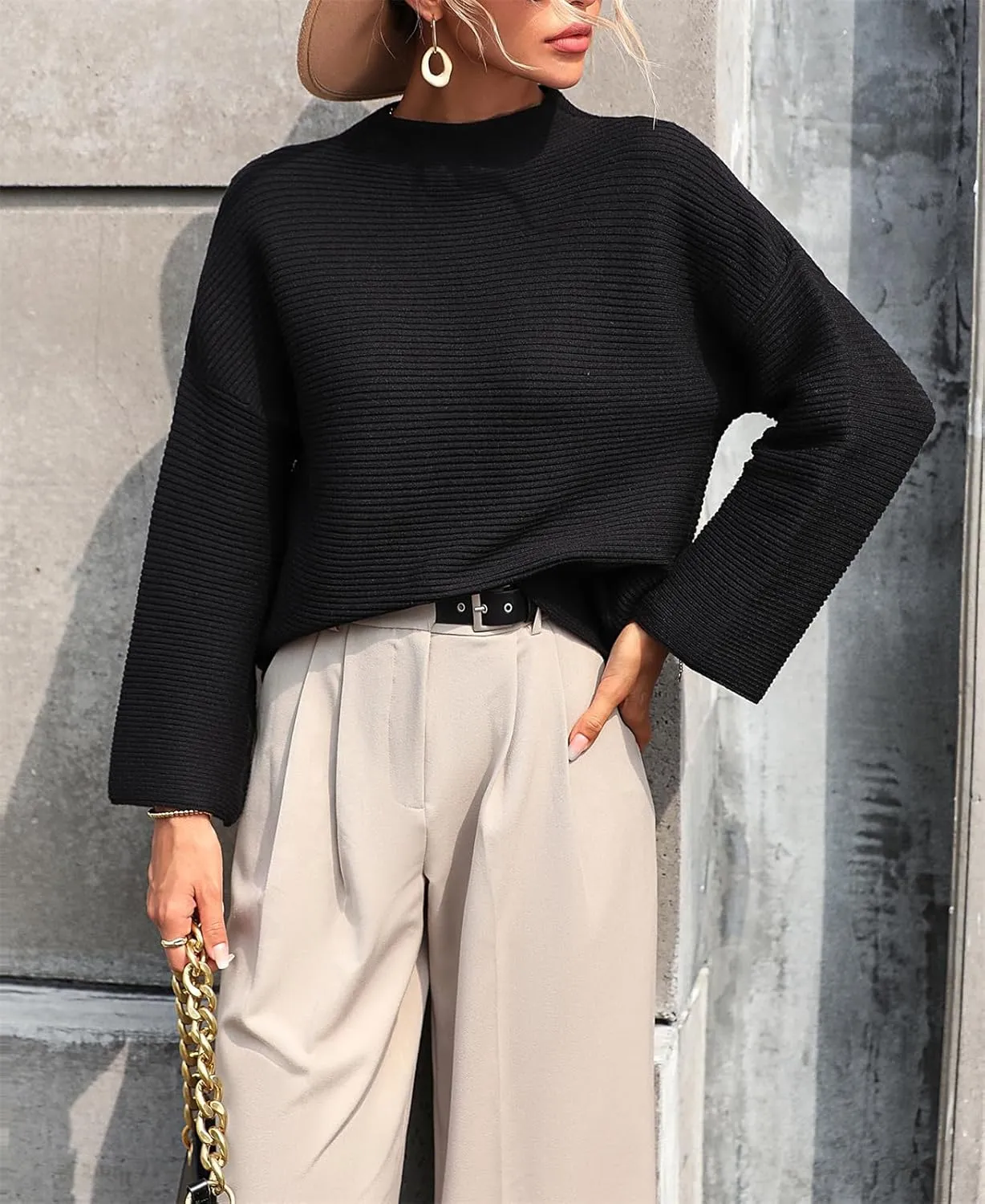 AELSON Women's Oversized Turtleneck Sweater 2023 Fall Winter Clothes Long Lantern Sleeve Ribbed Knit Pullover Sweater Top