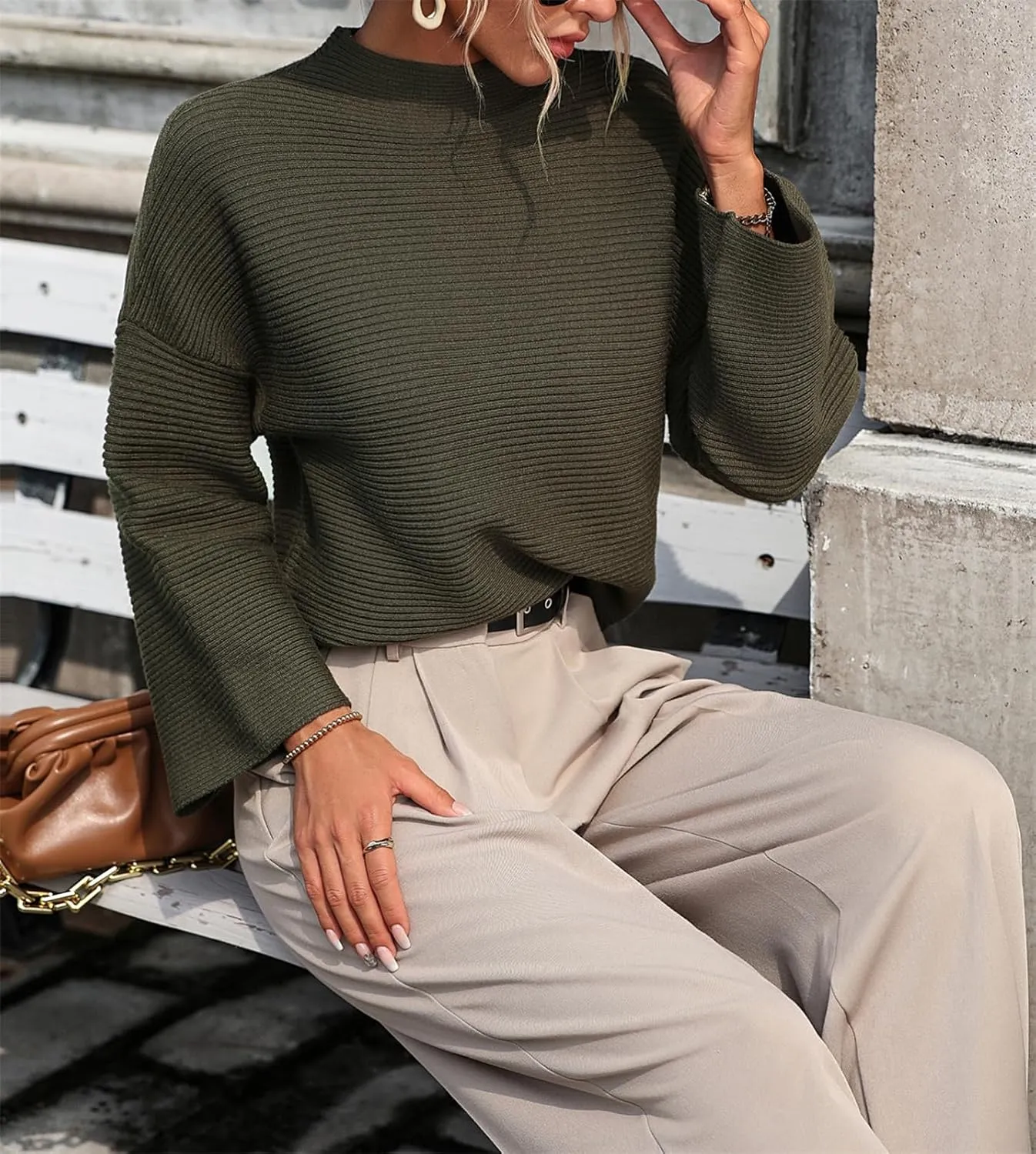 AELSON Women's Oversized Turtleneck Sweater 2023 Fall Winter Clothes Long Lantern Sleeve Ribbed Knit Pullover Sweater Top