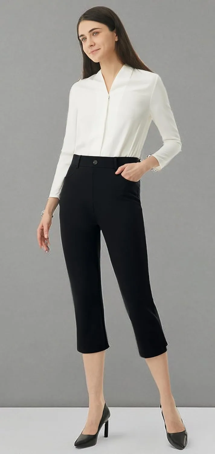 AFITNE Women's Pull On Capri Pants Dress Yoga Pants with Pockets High Waist Stretch Business Work Casual Cropped Slacks 21"