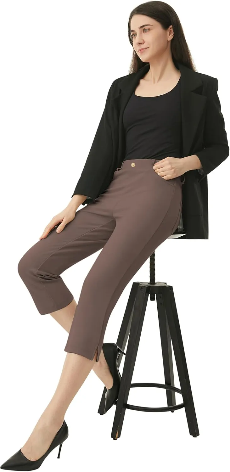 AFITNE Women's Pull On Capri Pants Dress Yoga Pants with Pockets High Waist Stretch Business Work Casual Cropped Slacks 21"