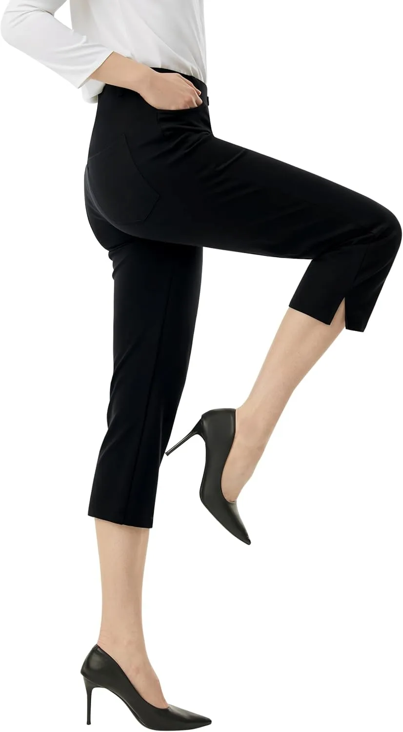 AFITNE Women's Pull On Capri Pants Dress Yoga Pants with Pockets High Waist Stretch Business Work Casual Cropped Slacks 21"