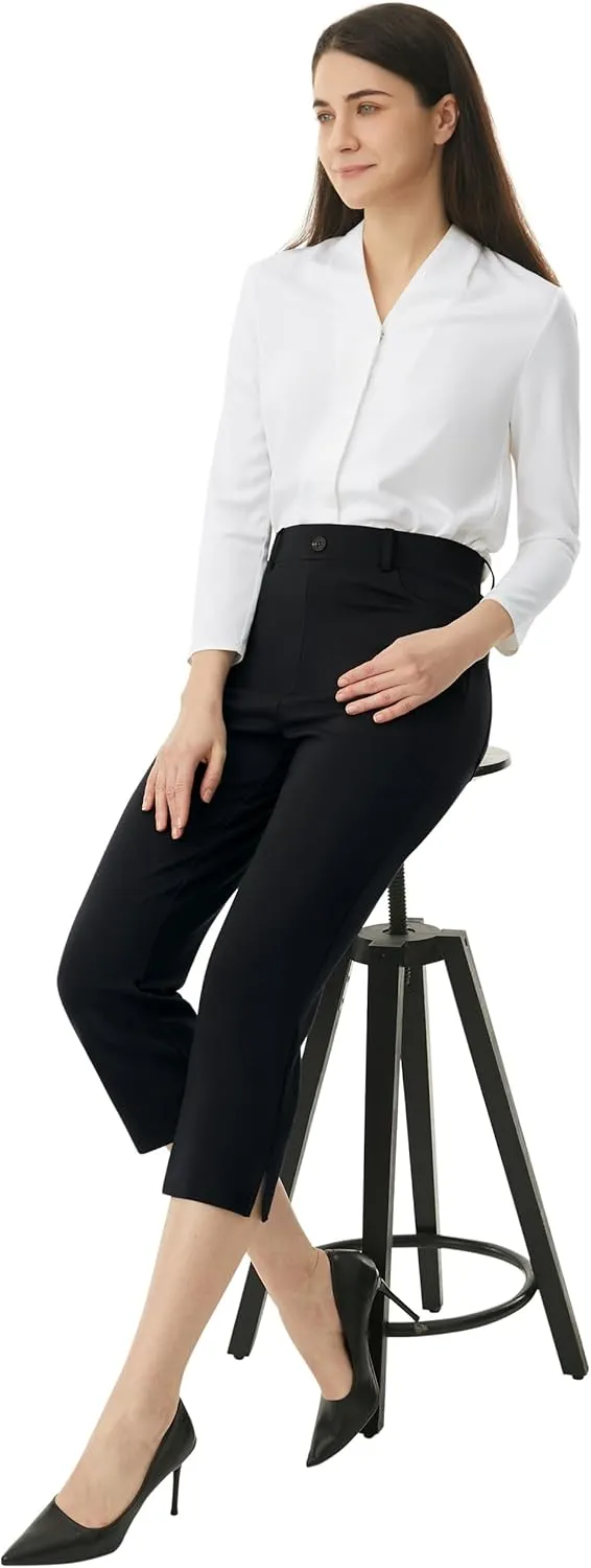 AFITNE Women's Pull On Capri Pants Dress Yoga Pants with Pockets High Waist Stretch Business Work Casual Cropped Slacks 21"