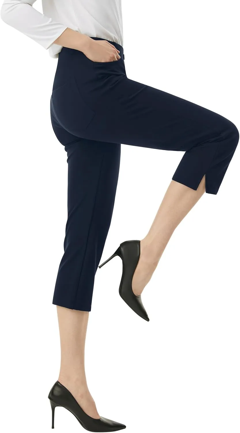 AFITNE Women's Pull On Capri Pants Dress Yoga Pants with Pockets High Waist Stretch Business Work Casual Cropped Slacks 21"