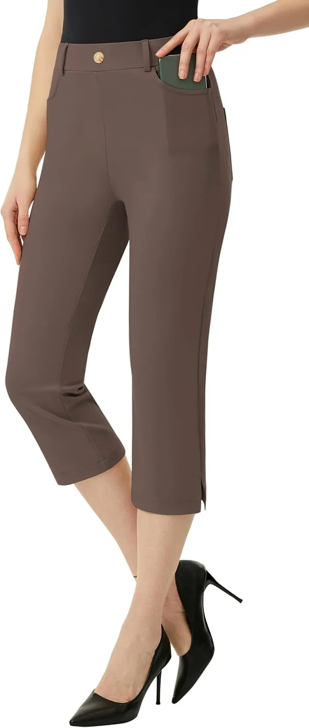 AFITNE Women's Pull On Capri Pants Dress Yoga Pants with Pockets High Waist Stretch Business Work Casual Cropped Slacks 21"