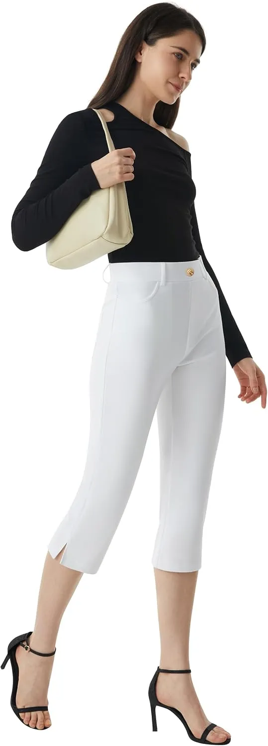AFITNE Women's Pull On Capri Pants Dress Yoga Pants with Pockets High Waist Stretch Business Work Casual Cropped Slacks 21"
