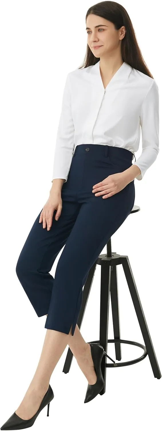 AFITNE Women's Pull On Capri Pants Dress Yoga Pants with Pockets High Waist Stretch Business Work Casual Cropped Slacks 21"