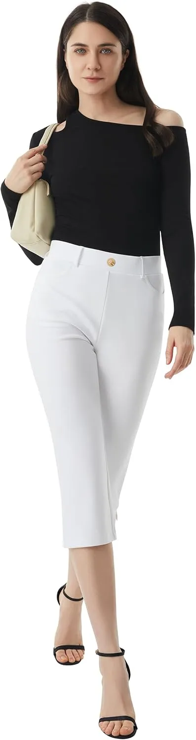 AFITNE Women's Pull On Capri Pants Dress Yoga Pants with Pockets High Waist Stretch Business Work Casual Cropped Slacks 21"