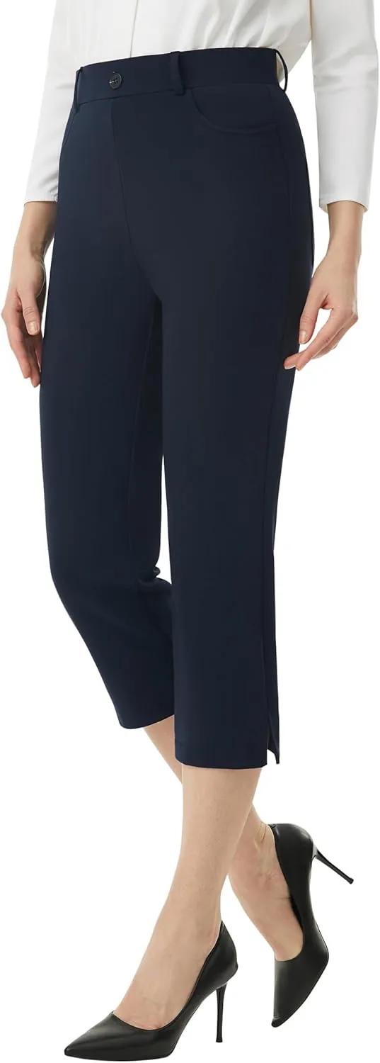 AFITNE Women's Pull On Capri Pants Dress Yoga Pants with Pockets High Waist Stretch Business Work Casual Cropped Slacks 21"
