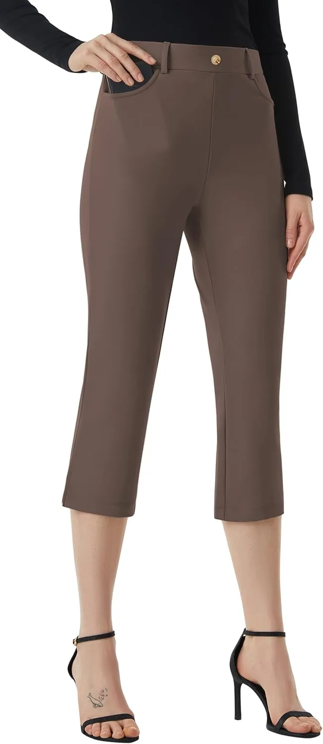 AFITNE Women's Pull On Capri Pants Dress Yoga Pants with Pockets High Waist Stretch Business Work Casual Cropped Slacks 21"