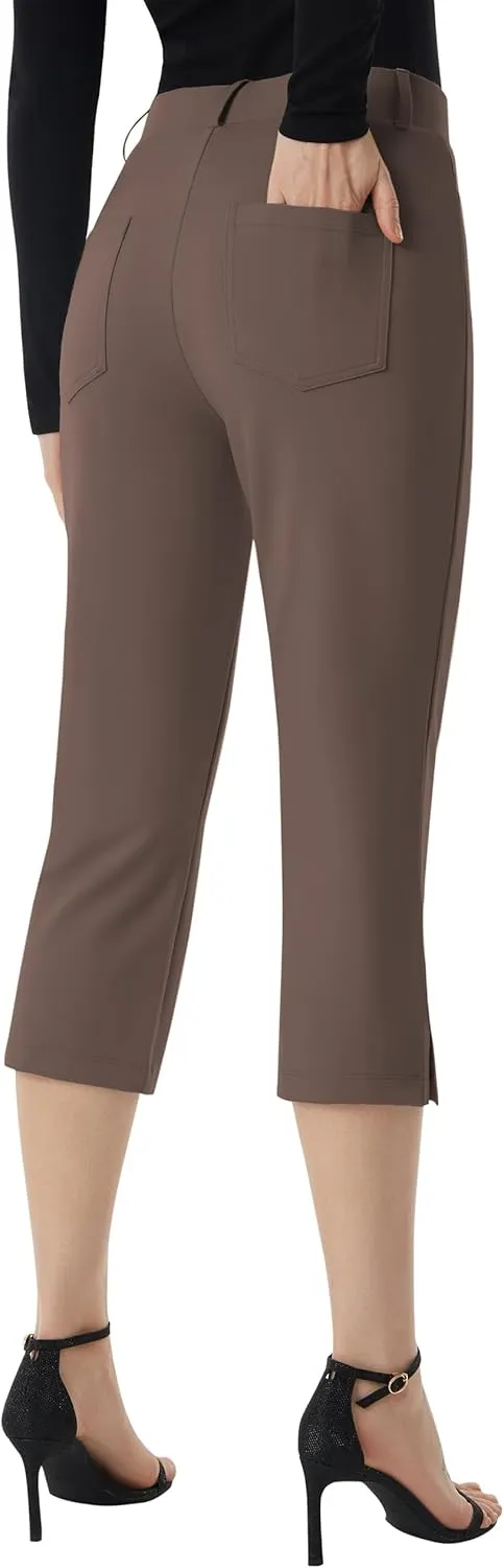 AFITNE Women's Pull On Capri Pants Dress Yoga Pants with Pockets High Waist Stretch Business Work Casual Cropped Slacks 21"