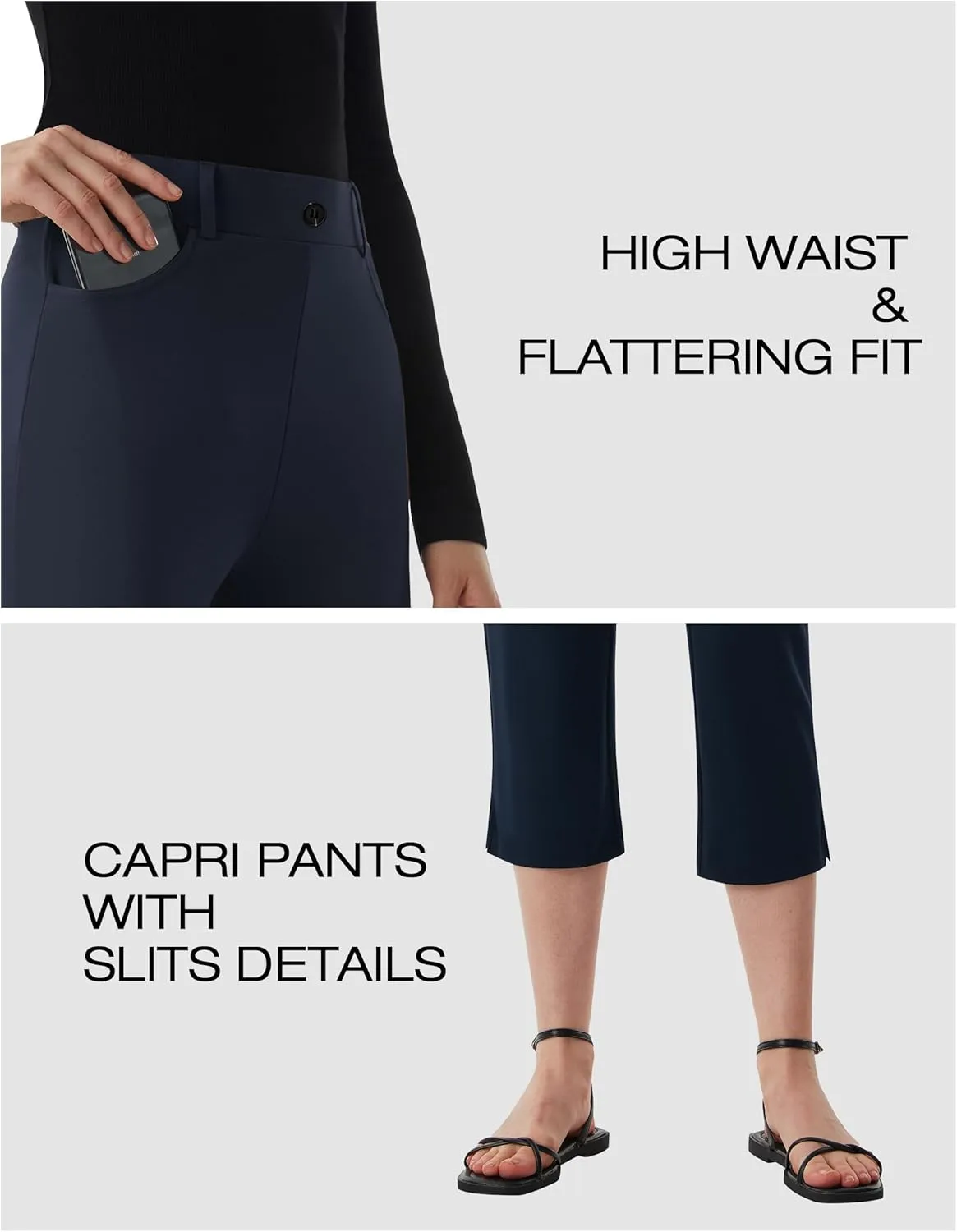 AFITNE Women's Pull On Capri Pants Dress Yoga Pants with Pockets High Waist Stretch Business Work Casual Cropped Slacks 21"