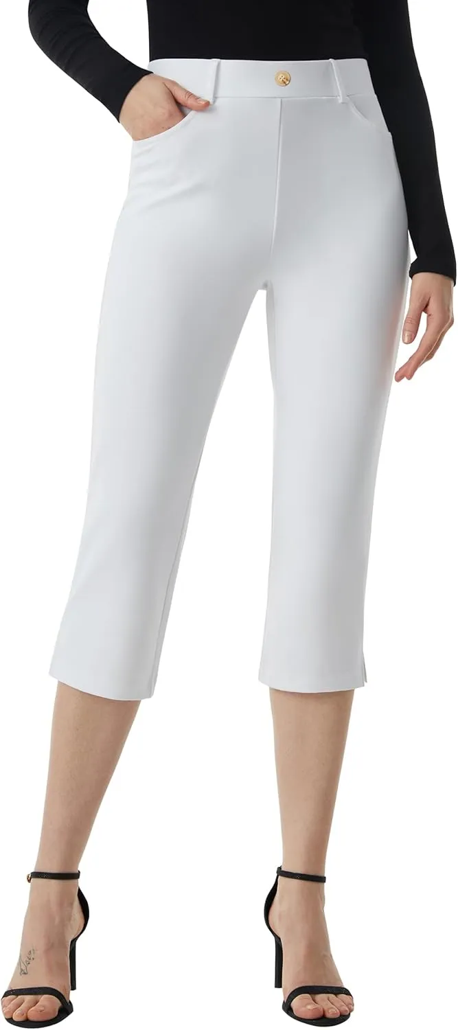 AFITNE Women's Pull On Capri Pants Dress Yoga Pants with Pockets High Waist Stretch Business Work Casual Cropped Slacks 21"