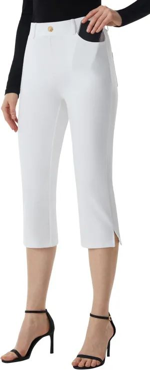 AFITNE Women's Pull On Capri Pants Dress Yoga Pants with Pockets High Waist Stretch Business Work Casual Cropped Slacks 21"