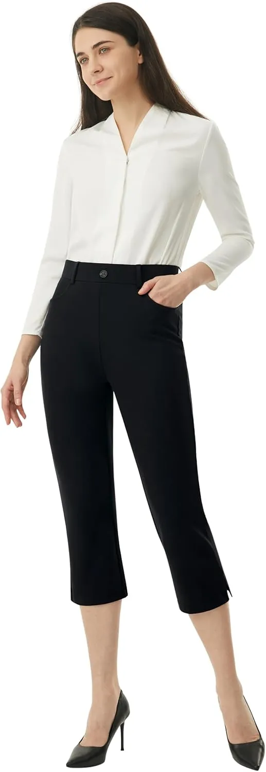 AFITNE Women's Pull On Capri Pants Dress Yoga Pants with Pockets High Waist Stretch Business Work Casual Cropped Slacks 21"
