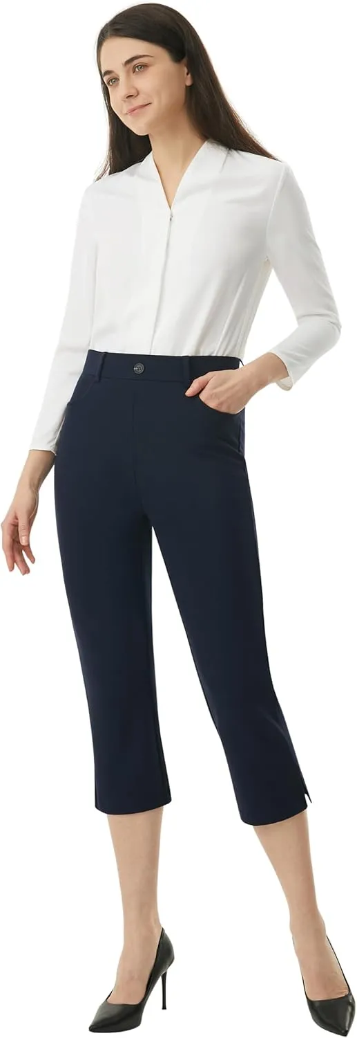 AFITNE Women's Pull On Capri Pants Dress Yoga Pants with Pockets High Waist Stretch Business Work Casual Cropped Slacks 21"