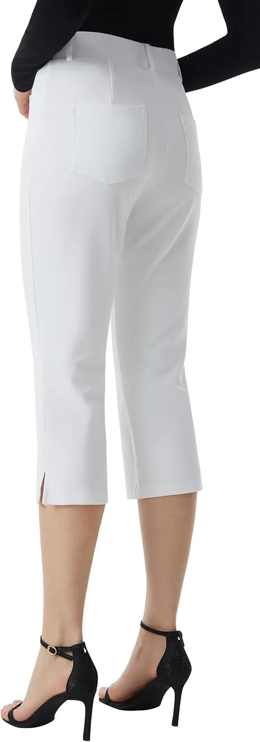 AFITNE Women's Pull On Capri Pants Dress Yoga Pants with Pockets High Waist Stretch Business Work Casual Cropped Slacks 21"