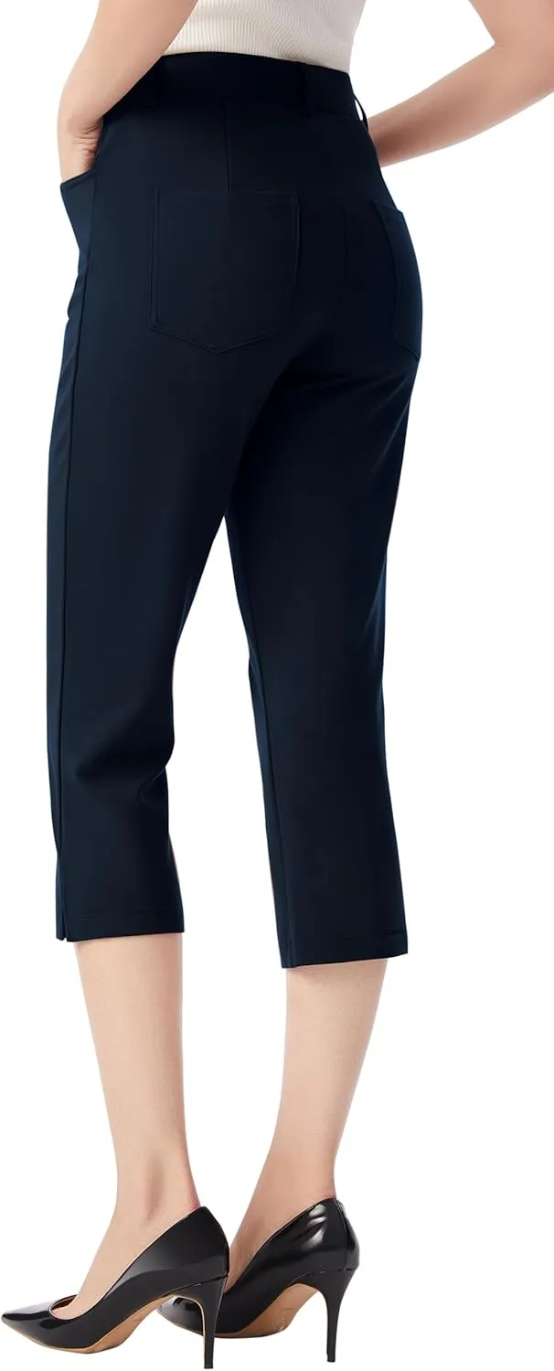AFITNE Women's Pull On Capri Pants Dress Yoga Pants with Pockets High Waist Stretch Business Work Casual Cropped Slacks 21"