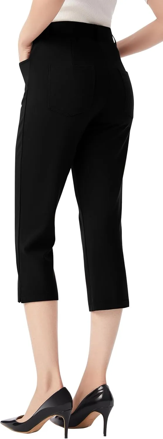AFITNE Women's Pull On Capri Pants Dress Yoga Pants with Pockets High Waist Stretch Business Work Casual Cropped Slacks 21"