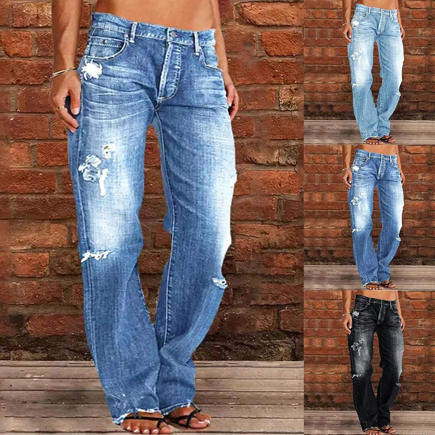 Akivide Straight Leg Boyfriend Jean for Women Mid Waist Distressed Loose Baggy Ripped Hem Denim Pants