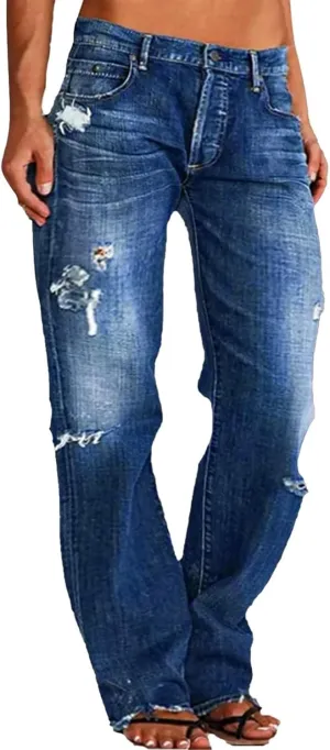 Akivide Straight Leg Boyfriend Jean for Women Mid Waist Distressed Loose Baggy Ripped Hem Denim Pants
