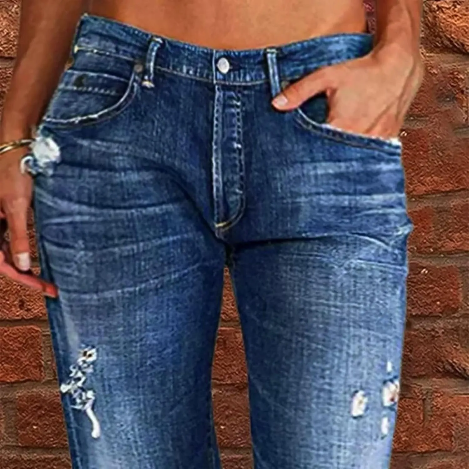 Akivide Straight Leg Boyfriend Jean for Women Mid Waist Distressed Loose Baggy Ripped Hem Denim Pants