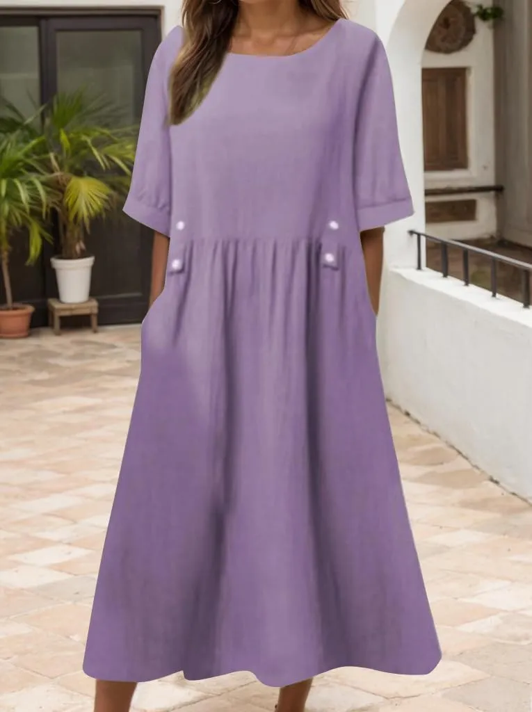 Akivide Women Summer Cotton Linen Half Sleeve Crewneck Pleated T Shirt Dress Casual Loose Fit Maxi Dress with Pockets