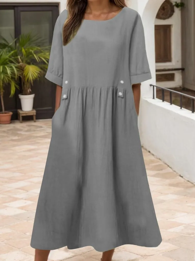 Akivide Women Summer Cotton Linen Half Sleeve Crewneck Pleated T Shirt Dress Casual Loose Fit Maxi Dress with Pockets