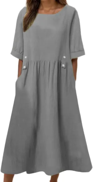 Akivide Women Summer Cotton Linen Half Sleeve Crewneck Pleated T Shirt Dress Casual Loose Fit Maxi Dress with Pockets