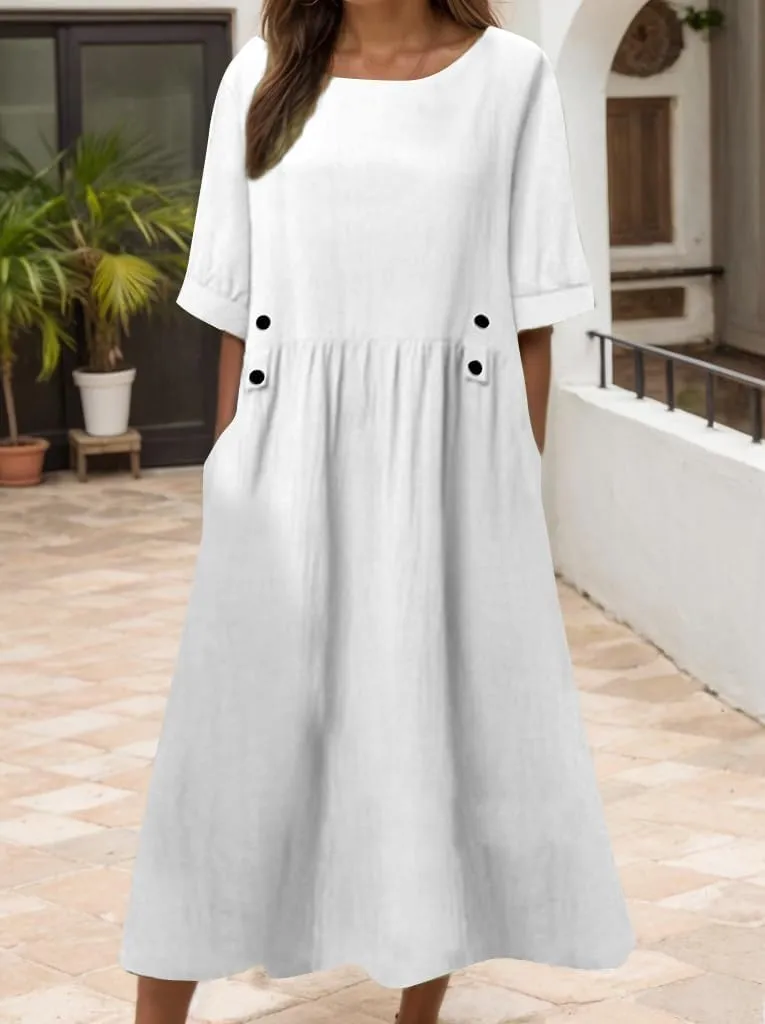 Akivide Women Summer Cotton Linen Half Sleeve Crewneck Pleated T Shirt Dress Casual Loose Fit Maxi Dress with Pockets