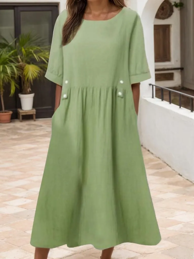 Akivide Women Summer Cotton Linen Half Sleeve Crewneck Pleated T Shirt Dress Casual Loose Fit Maxi Dress with Pockets