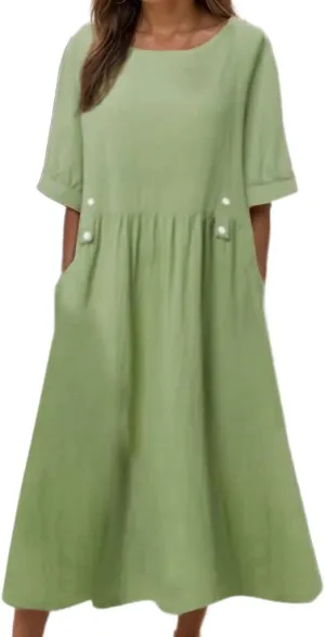 Akivide Women Summer Cotton Linen Half Sleeve Crewneck Pleated T Shirt Dress Casual Loose Fit Maxi Dress with Pockets