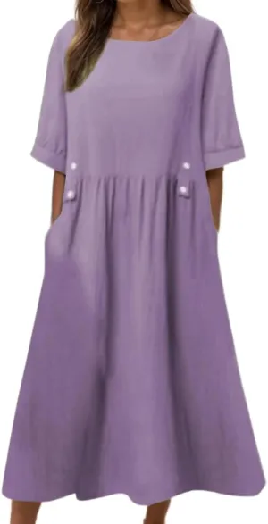 Akivide Women Summer Cotton Linen Half Sleeve Crewneck Pleated T Shirt Dress Casual Loose Fit Maxi Dress with Pockets