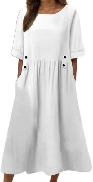Akivide Women Summer Cotton Linen Half Sleeve Crewneck Pleated T Shirt Dress Casual Loose Fit Maxi Dress with Pockets