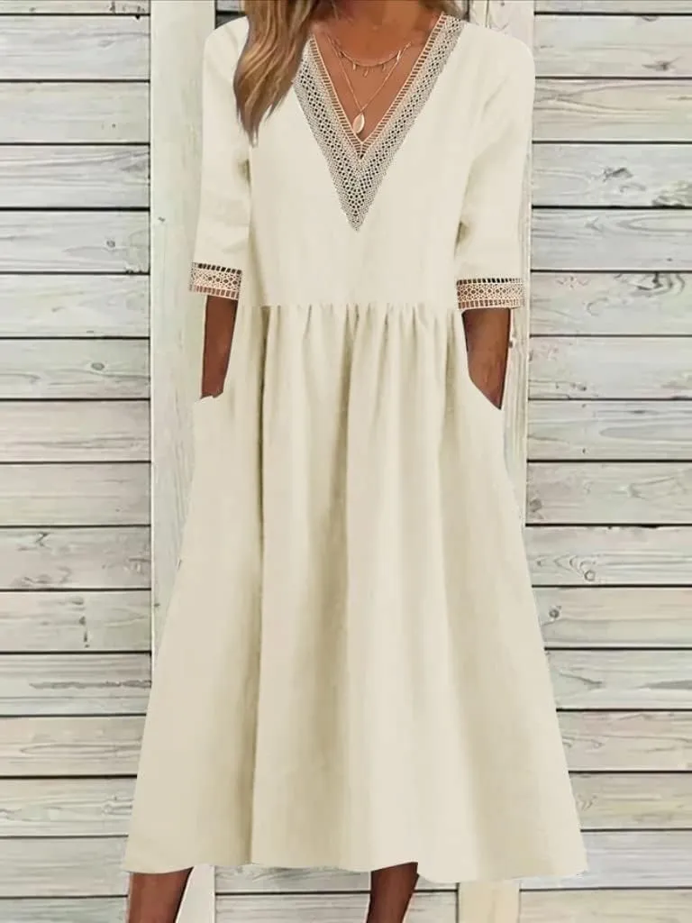 Akivide Women's Summer Cotton Linen Short Sleeve Maxi Dress Flowy Casual Loose Pleated Beach Tshirt Dress with Pockets