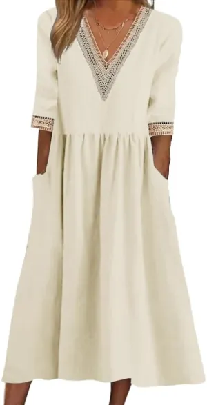 Akivide Women's Summer Cotton Linen Short Sleeve Maxi Dress Flowy Casual Loose Pleated Beach Tshirt Dress with Pockets