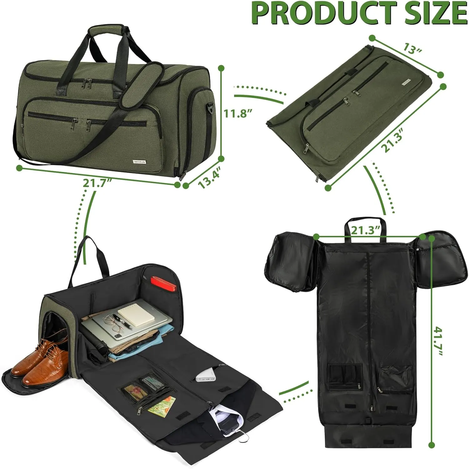 AKOZLIN Convertible Garment Bag Carry on 3 in 1 Garment Duffle Bag 51L Hanging Suit Travel Bag Dress Shoes Carrier Storage Bag For Men Women Green